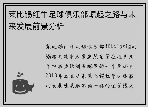 莱比锡红牛足球俱乐部崛起之路与未来发展前景分析